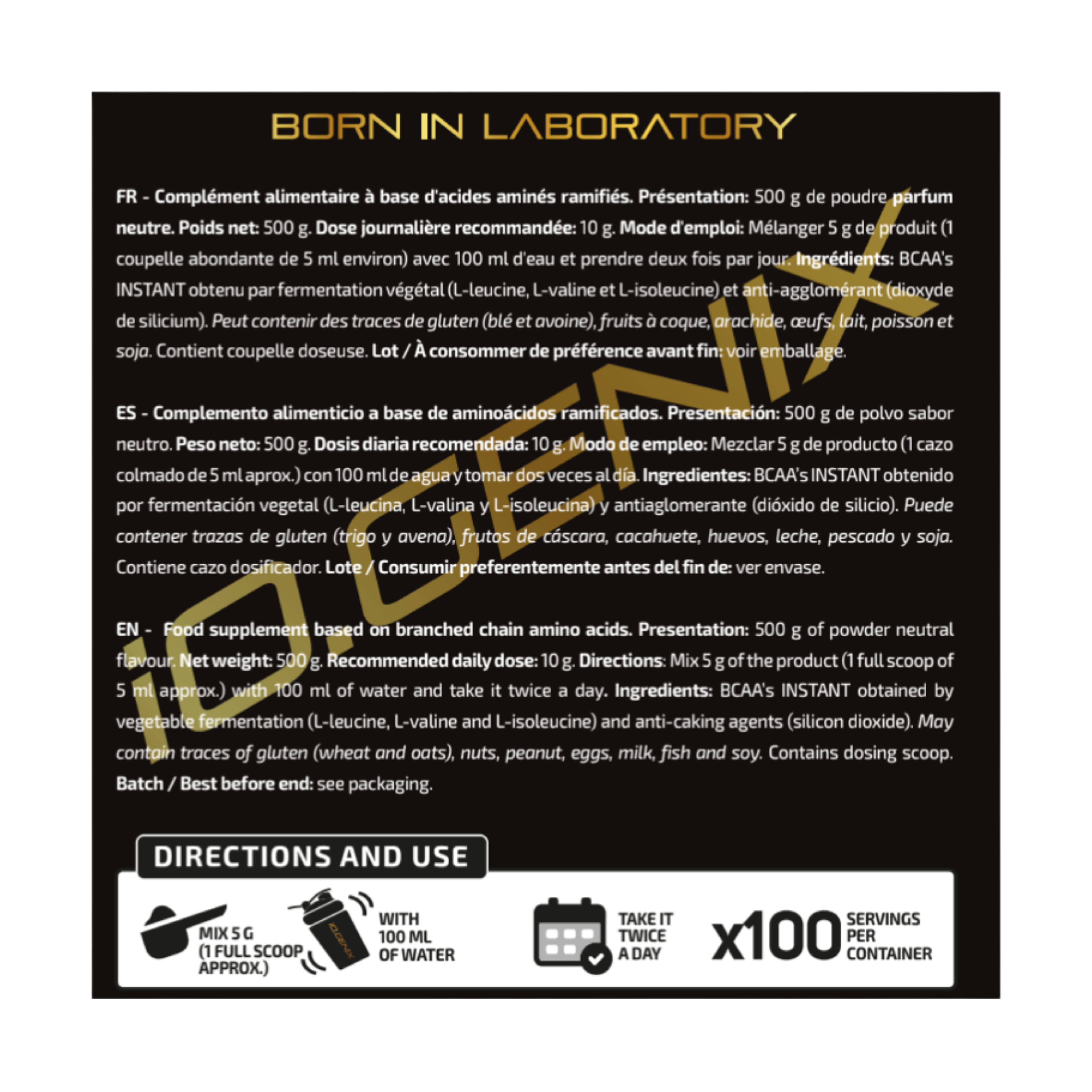 BCAA'S INSTANT 2:1:1 (Vegan) 500G - iO.GENIX | Aminoácidos Ramificados Veganos de Ratio 2:1:1