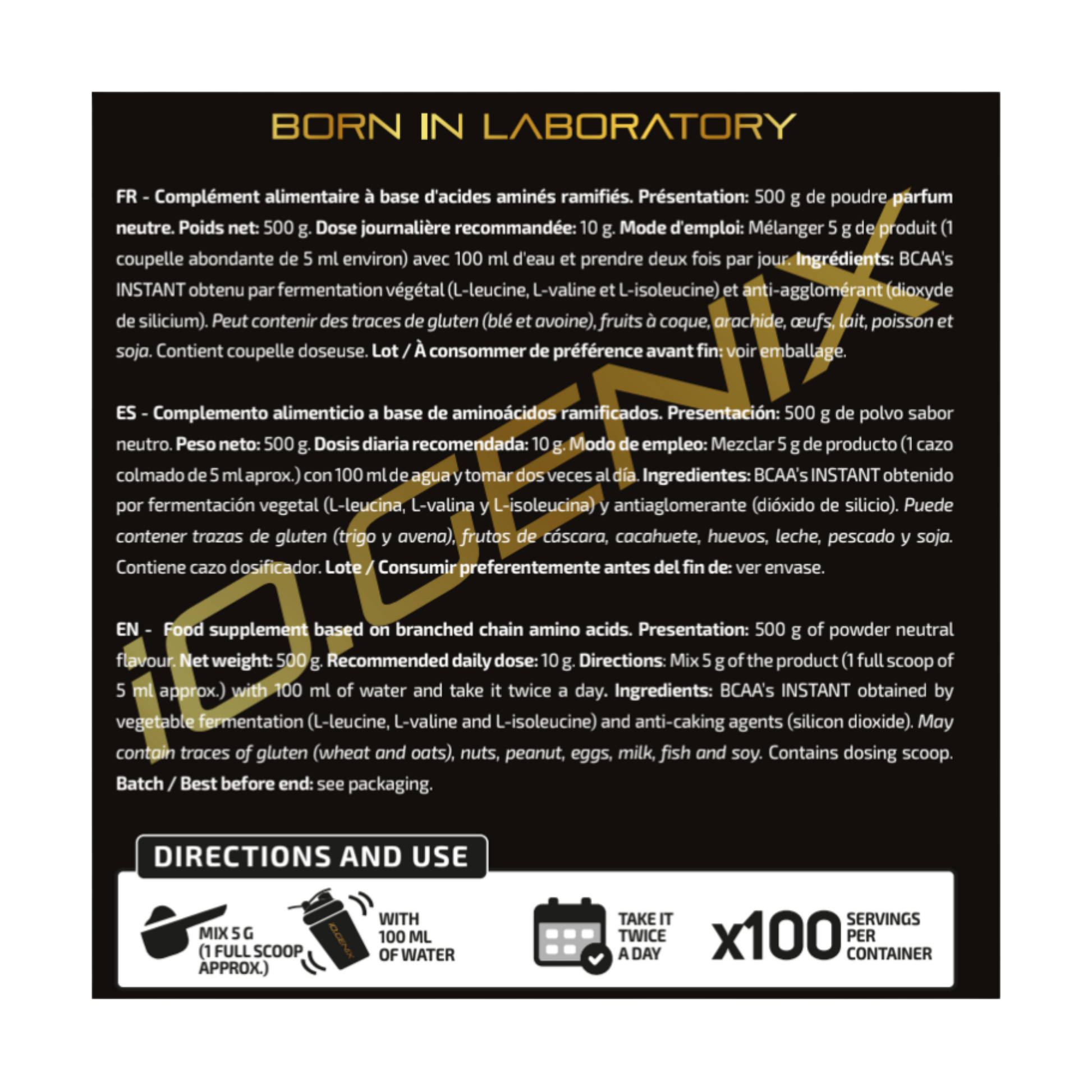 BCAA'S INSTANT 2:1:1 (Vegan) 500G - iO.GENIX | Aminoácidos Ramificados Veganos de Ratio 2:1:1